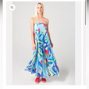 Oliphant Smocked Back Blue Botanica Maxi Dress Size XS